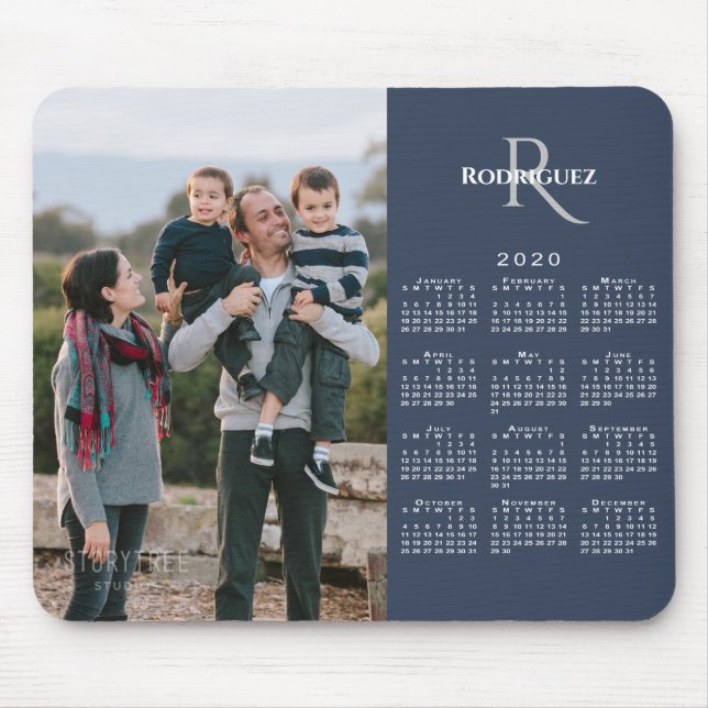 2020 Calendar Custom Photo Monogram Name on Blue Mouse Mat (Front)