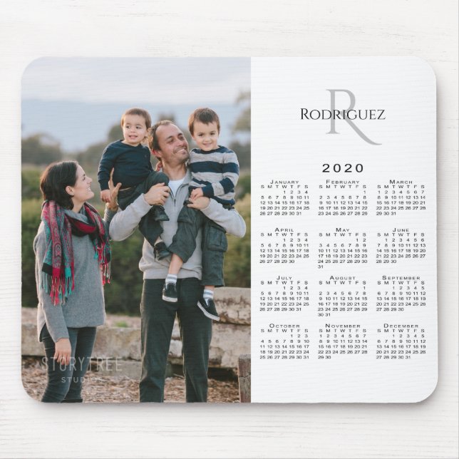 2020 Calendar Custom Photo Monogram Name on White Mouse Mat (Front)