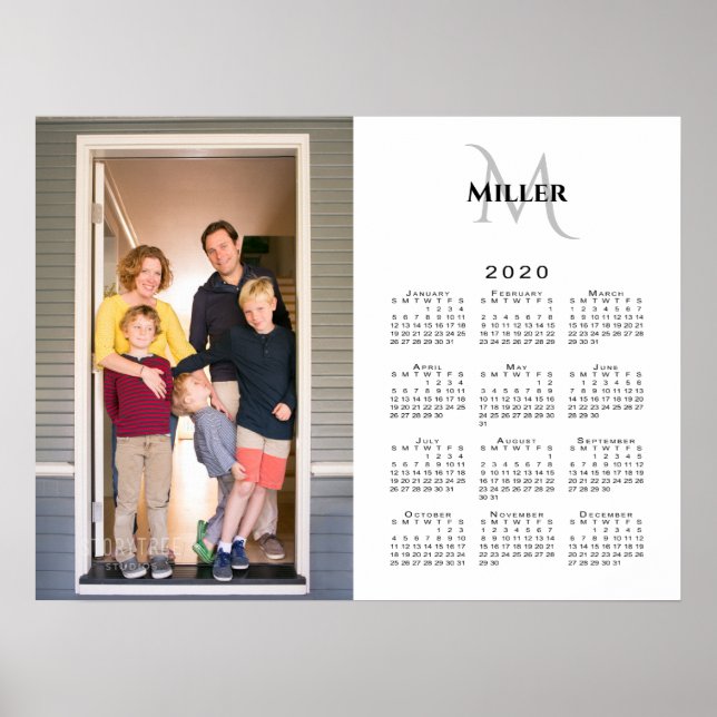2020 Calendar Custom Photo Monogram Name on White Poster (Front)