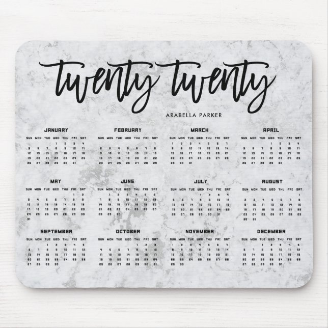 2020 Calendar | Modern Typography and Marble Look Mouse Mat (Front)