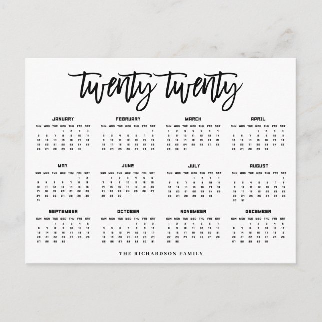 2020 Calendar | Modern Typography Postcard (Front)