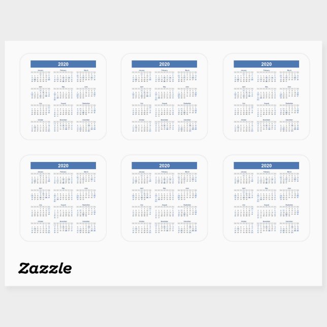 2020 Calendar Monthly Year Square Sticker (Sheet)