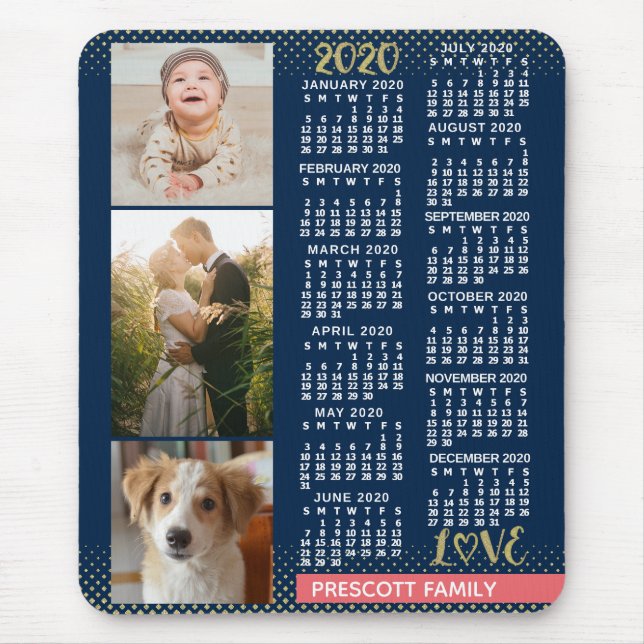 2020 Calendar Navy Coral Gold Family Photo Collage Mouse Mat (Front)