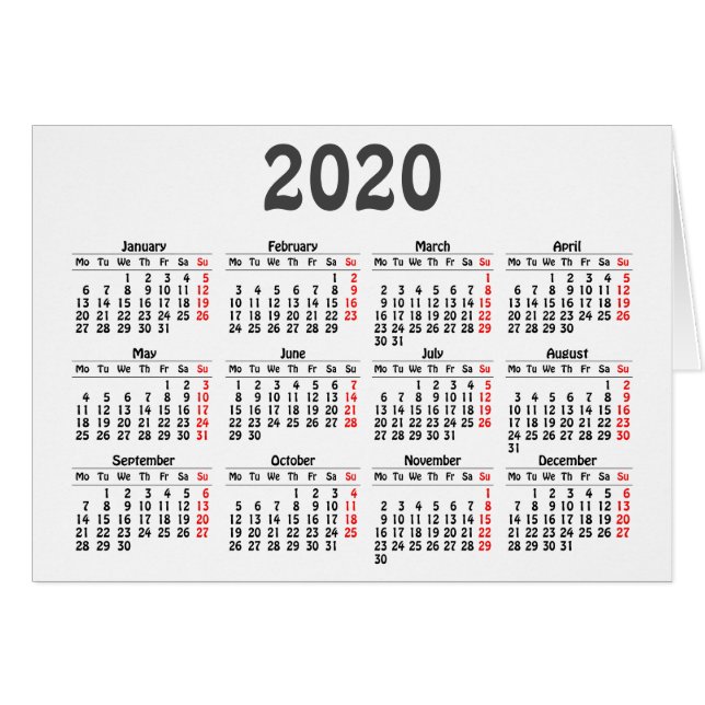 2020 calendar template Card (Front Horizontal)