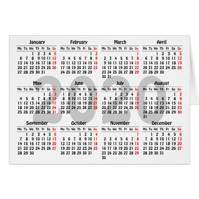 2020 calendar template Card (Front Horizontal)