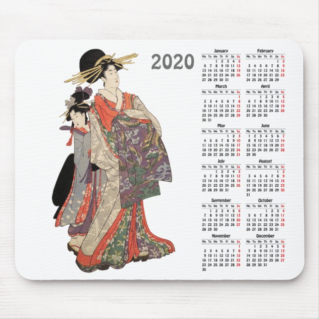 2020 calendar with vintage Japanese print Mouse Mat (Front)