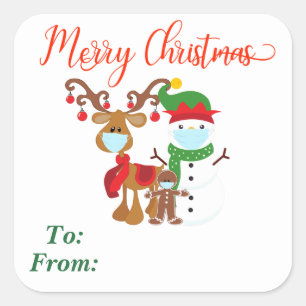 2020 Christmas Reindeer Snowman Face mask Gift Square Sticker