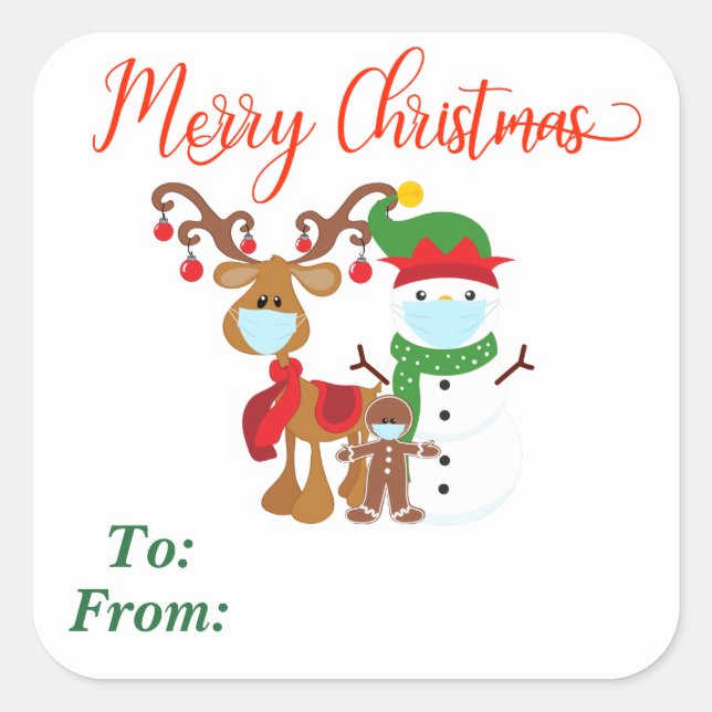2020 Christmas Reindeer Snowman Face mask Gift Square Sticker (Front)