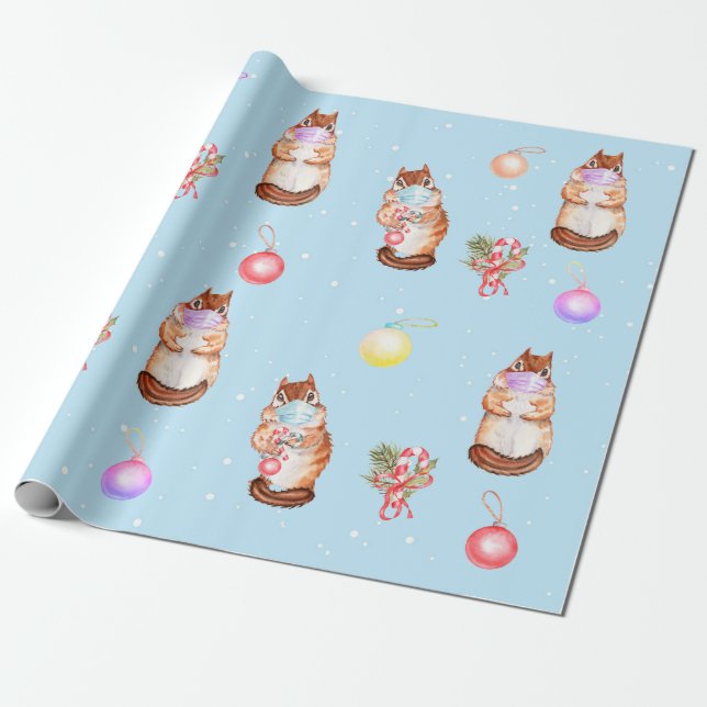 2020 Covid Cute Chipmunk Christmas Face Mask Wrapping Paper (Unrolled)