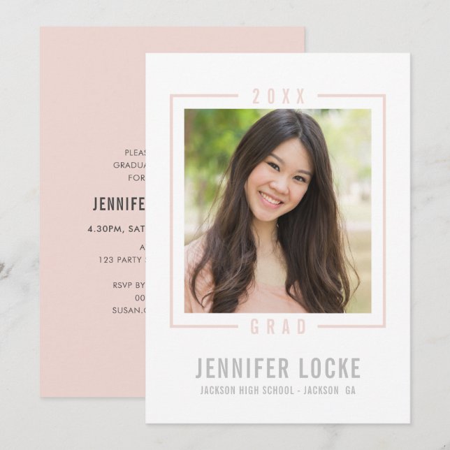 2020 GRAD INVITE photo frame chic blush pale pink (Front/Back)