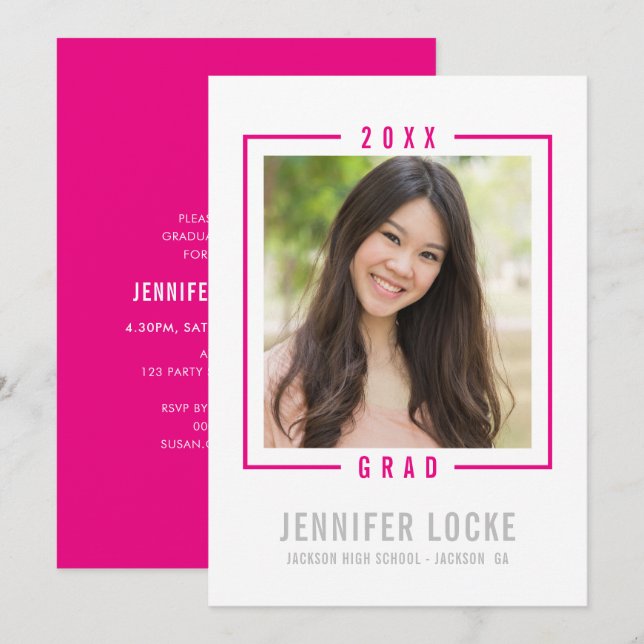 2020 GRAD INVITE photo frame chic bright pink (Front/Back)
