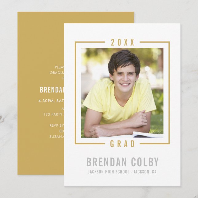 2020 GRAD INVITE photo frame modern old gold (Front/Back)