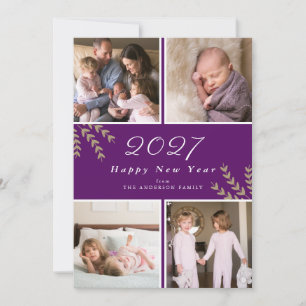 2020 Happy New Year Purple Photo Collage Holiday Card