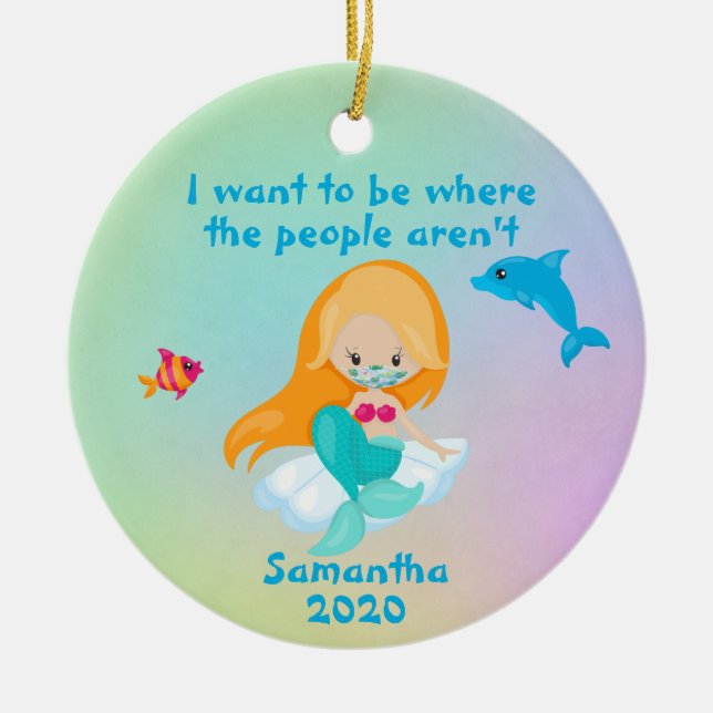 2020 Mermaid Face Mask Where the People Aren't Ceramic Tree Decoration (Front)