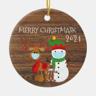 2020 Merry Christmask Reindeer Quarantine wood Ceramic Tree Decoration