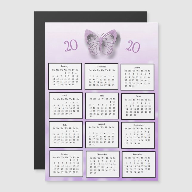 2020 Mini Calendar Purple Butterfly Magnetic Invitation (Front/Back)