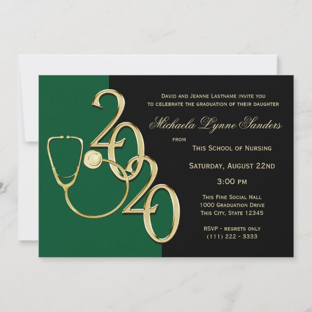 2020 Nursing Medical Field Graduation Green Gold Invitation (Front)