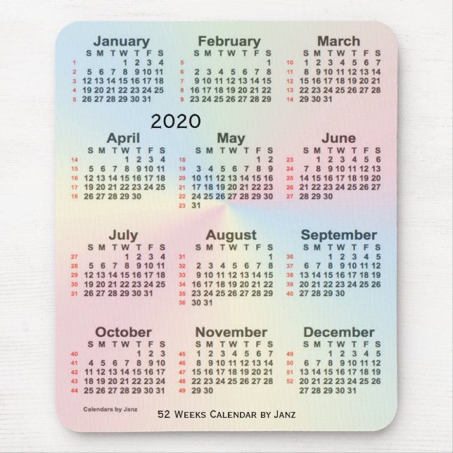 2020 Rainbow 52 Week Large Print Calendar by Janz Mouse Mat (Front)