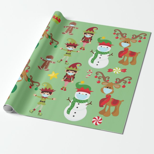 2020 Stay Safe Cute Christmas Face Mask Wrapping Paper (Unrolled)