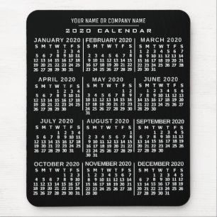 2020 Year Monthly Calendar Black White Custom Name Mouse Mat