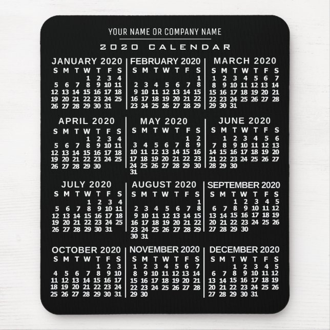 2020 Year Monthly Calendar Black White Custom Name Mouse Mat (Front)