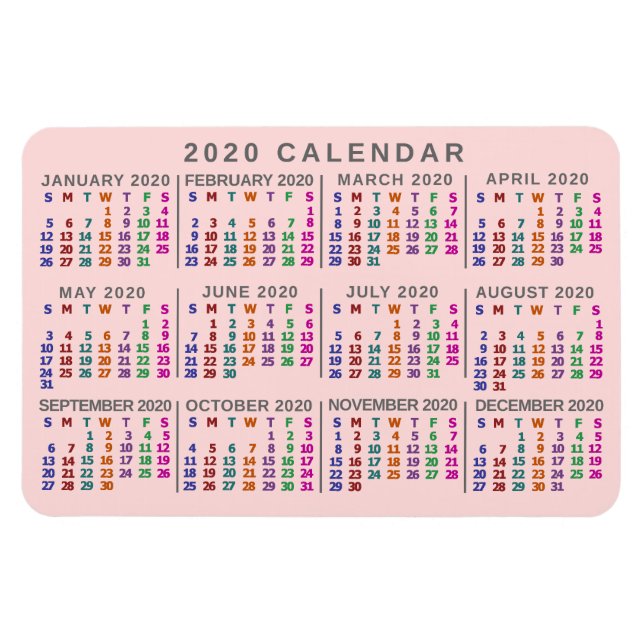 2020 Year Monthly Calendar Blush Pink Colourful Magnet (Horizontal)