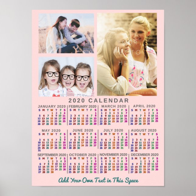 2020 Year Monthly Calendar Colorful Custom 3 Photo Poster (Front)