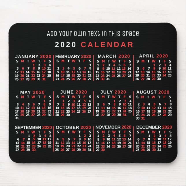2020 Year Monthly Calendar Custom Black Red White Mouse Mat (Front)