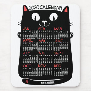 2020 Year Monthly Calendar Mid-Century Black Cat Mouse Mat