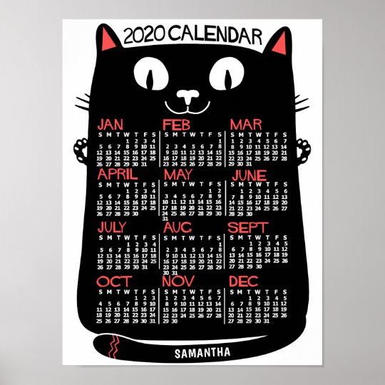 2020 Year Monthly Calendar Mid Century Black Cat Poster Zazzle Co Uk
