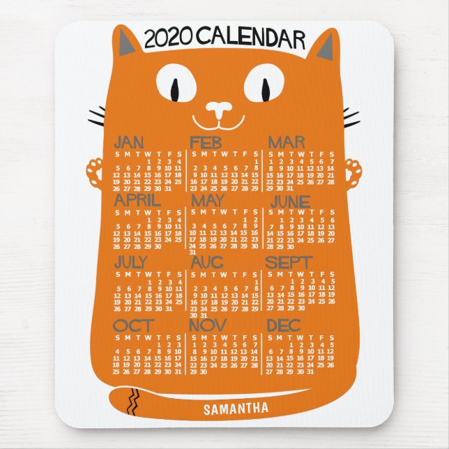 2020 Year Monthly Calendar Mid-Century Orange Cat Mouse Mat (Front)