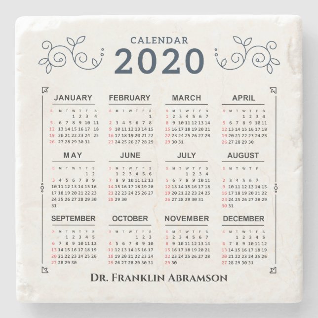 2020 Year Monthly Calendar Personalize Custom Stone Coaster (Front)