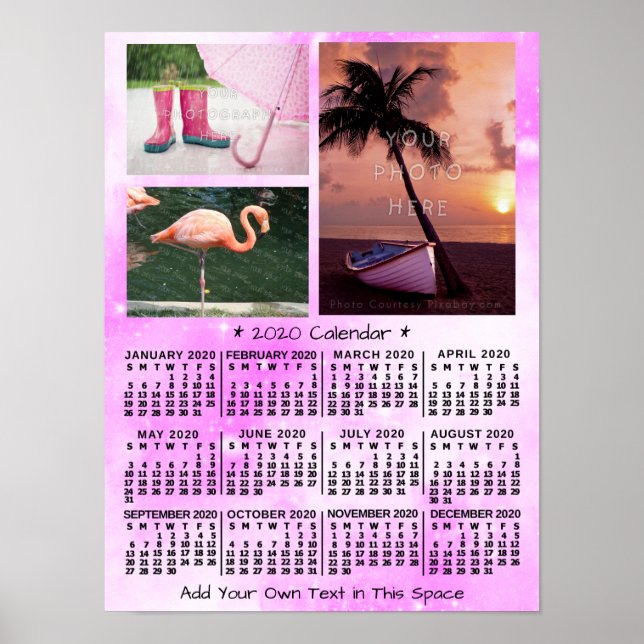 2020 Year Monthly Calendar Pink Watercolor 3 Photo Poster (Front)