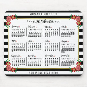 2020 Year Monthly Calendar   Preppy Floral Stripes Mouse Mat