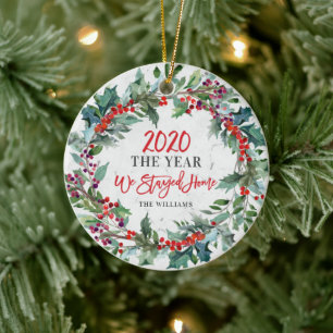 2020 Year We Stayed Home Holly Wreath Christmas Ceramic Tree Decoration