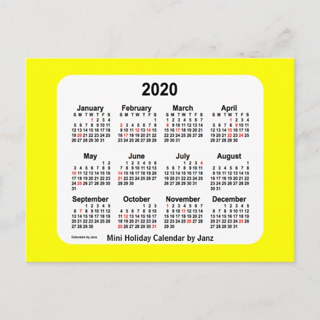 2020 Yellow Holiday Calendar by Janz Postcard (Front)