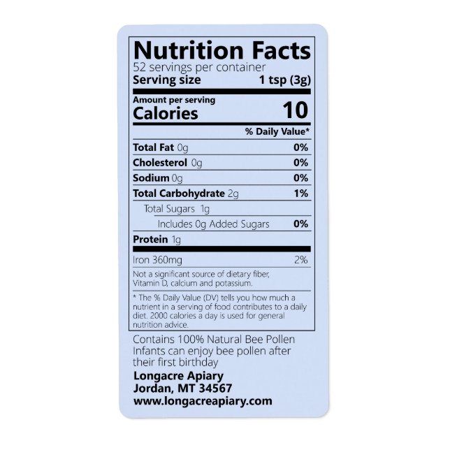 2021 Bee Pollen Nutrition Facts Blue Product (Front)