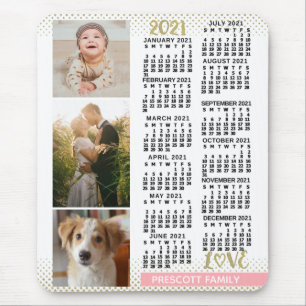 2021 Calendar Blush Pink Gold Family Photo Collage Mouse Mat
