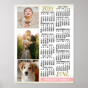 2021 Calendar Blush Pink Gold Family Photo Collage Poster