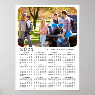 2021 Calendar Custom Photo Family Name Black White Poster