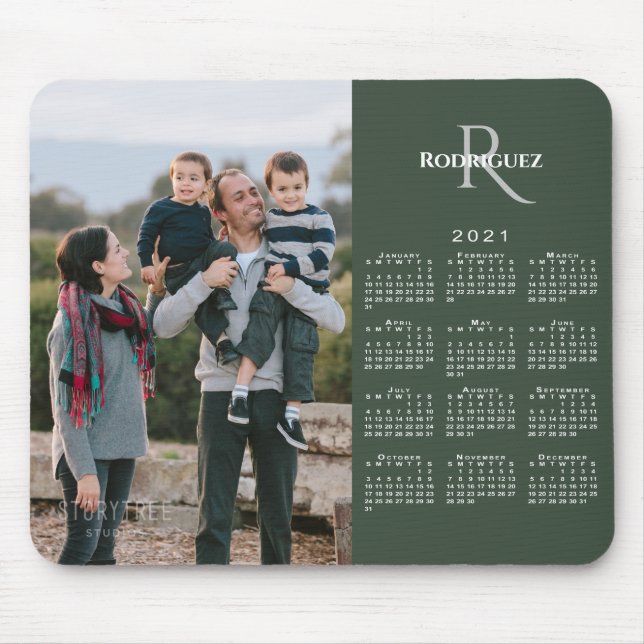 2021 Calendar Custom Photo Monogram Name on Green Mouse Mat (Front)