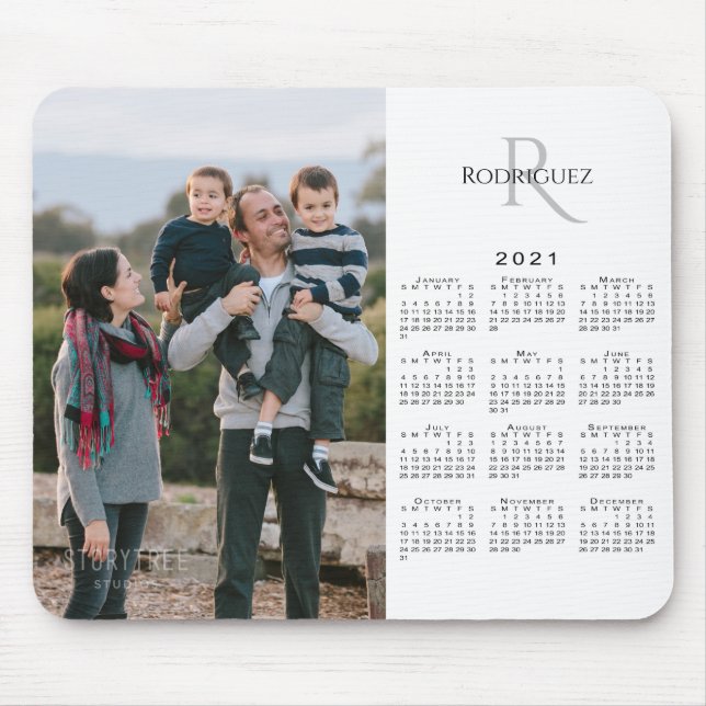 2021 Calendar Custom Photo Monogram Name on White Mouse Mat (Front)