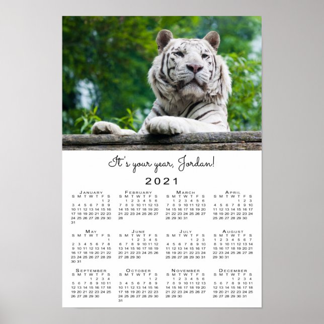 2021 Calendar Custom White Tiger Photo Name Text Poster (Front)