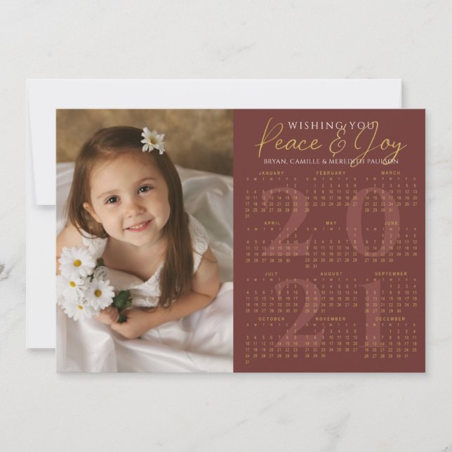 2021 Calendar Minimal PEACE JOY Photo Red Gold Holiday Card (Front)