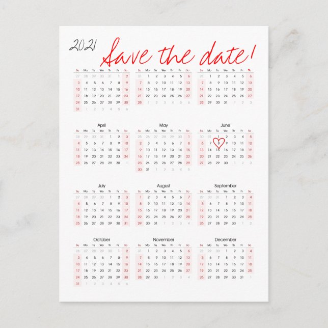 2021 Calendar Save the Date Heart Announcement Postcard (Front)