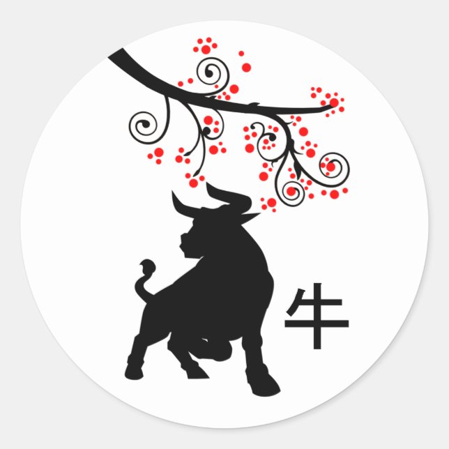 2021 Chinese New Year Ox and Red Blossoms Classic Round Sticker (Front)