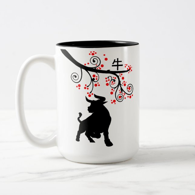 2021 Chinese New Year Ox and Red Blossoms Two-Tone Coffee Mug (Left)