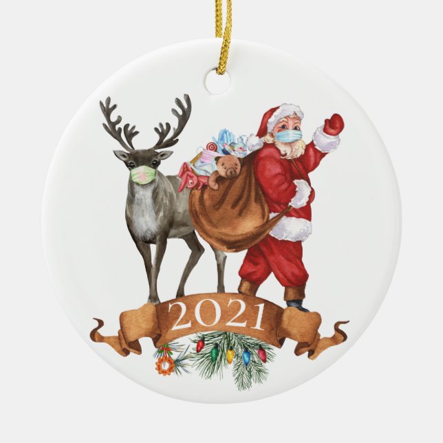 2021 Covid Santa Reindeer Watercolor Christmas  Ceramic Tree Decoration (Front)