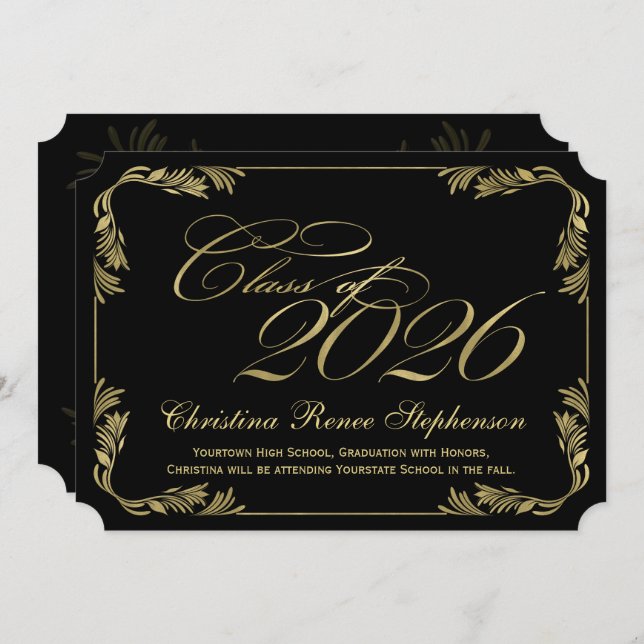 2021 Elegant Black/Gold Classy Formal Graduation Invitation (Front/Back)