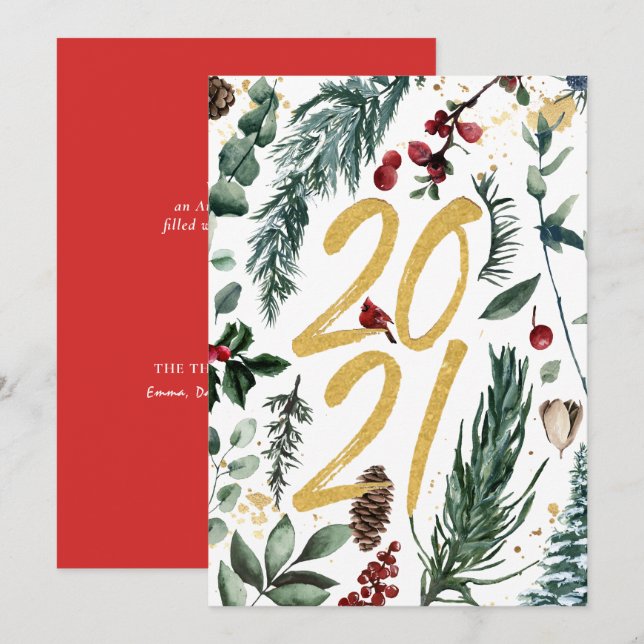 2021 Festive Pine Bough Magnolia Red Berry Holiday Card (Front/Back)